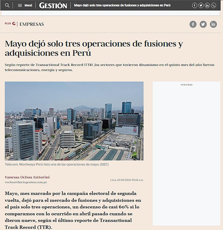 Mayo dej solo tres operaciones de fusiones y adquisiciones en Per